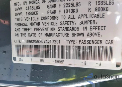 2007 Honda Accord 2.4 Se from USA, damaged, VIN 1HGCM56307A217201